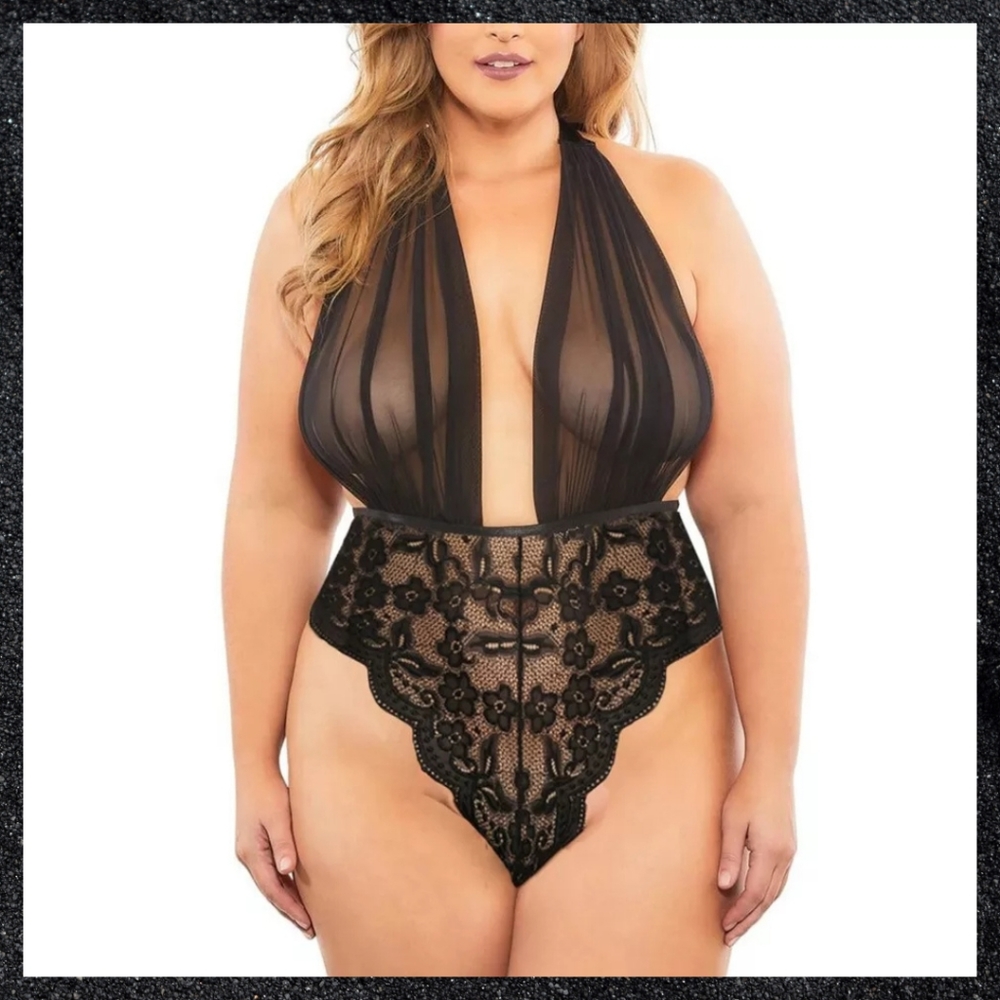 Black Sheer Lace Halter Bodysuit